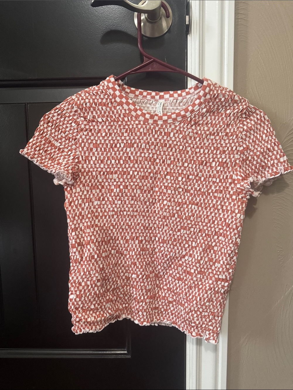 American Eagle Outfitters Rust and White Smocked Short Sleeve Tee